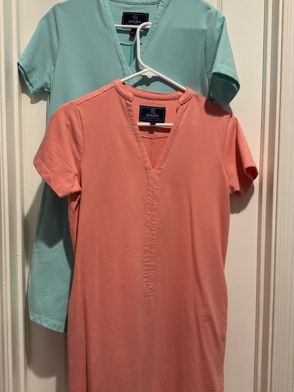 Lauren James Set of 2 Coral & Aqua Short Sleeve V-Neck Cotton Tunic Dresses